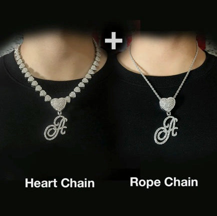 HEART CUBAN CHAIN WITH HEART CURSIVE INITIAL