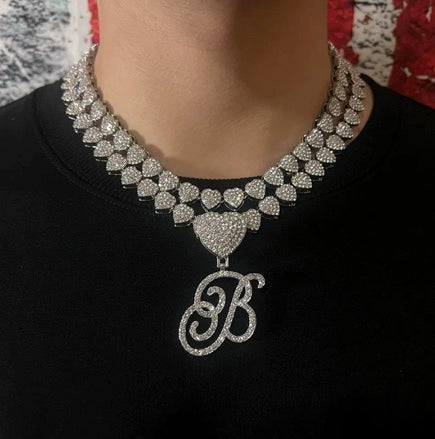 HEART CUBAN CHAIN WITH HEART CURSIVE INITIAL