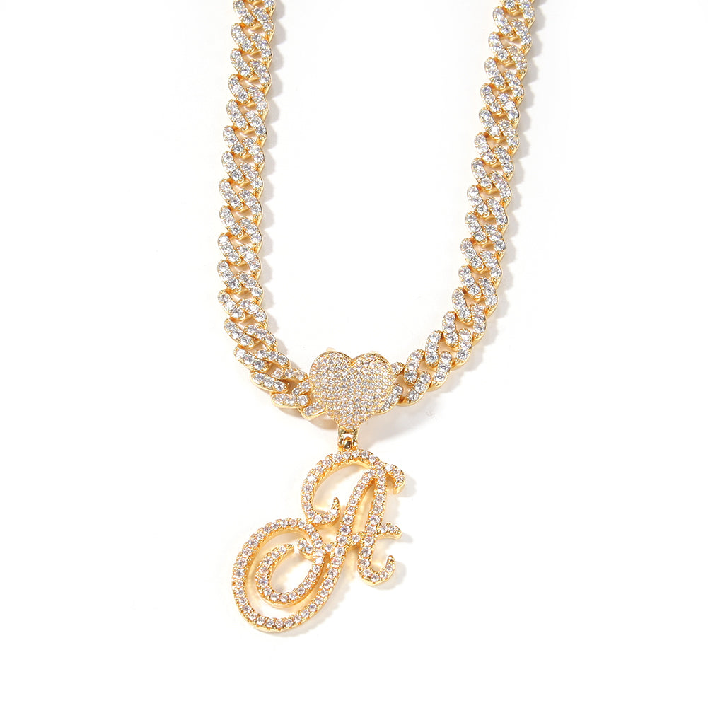 CUBAN LINK CHAIN WITH HEART CURSIVE INITIAL