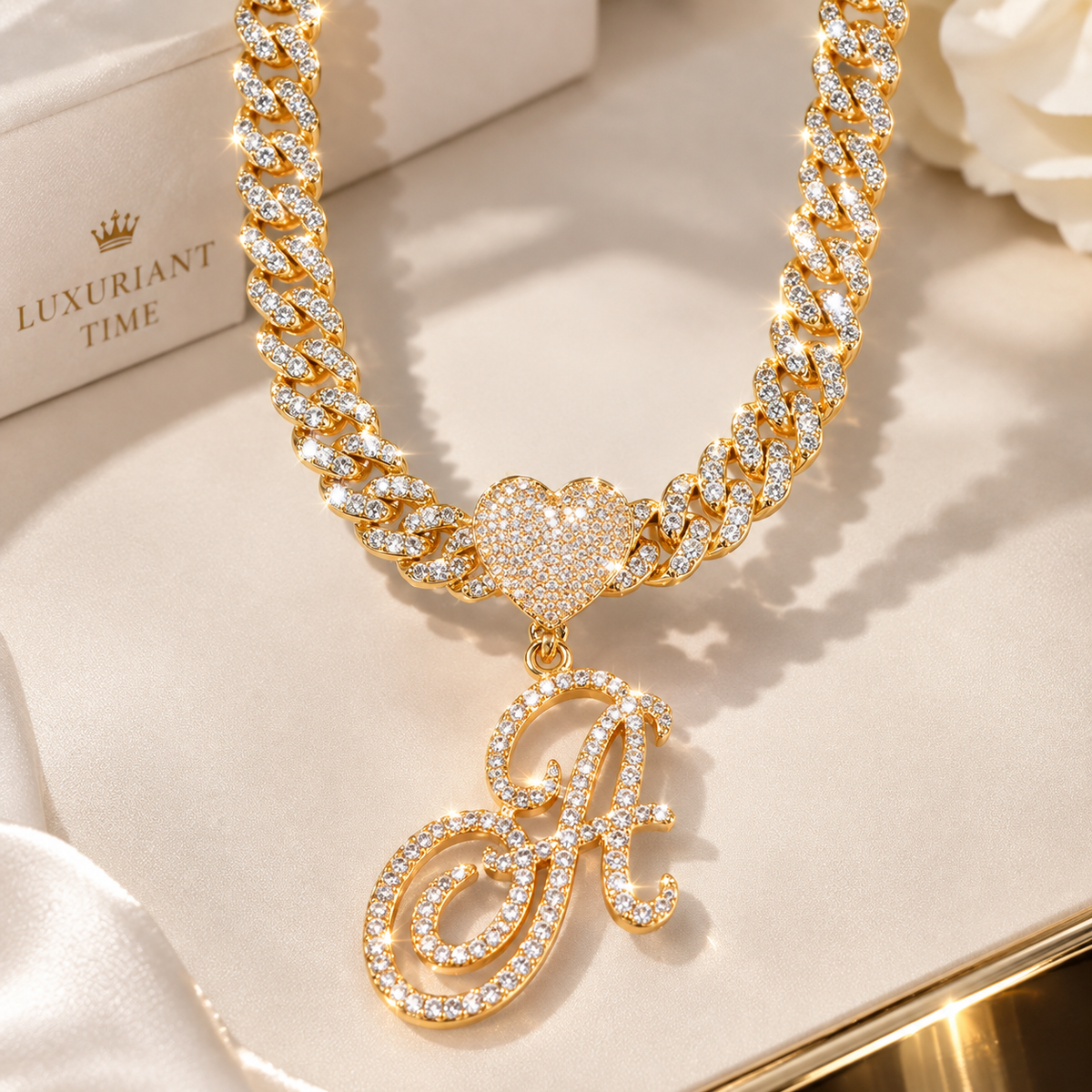 CUBAN LINK CHAIN WITH HEART CURSIVE INITIAL