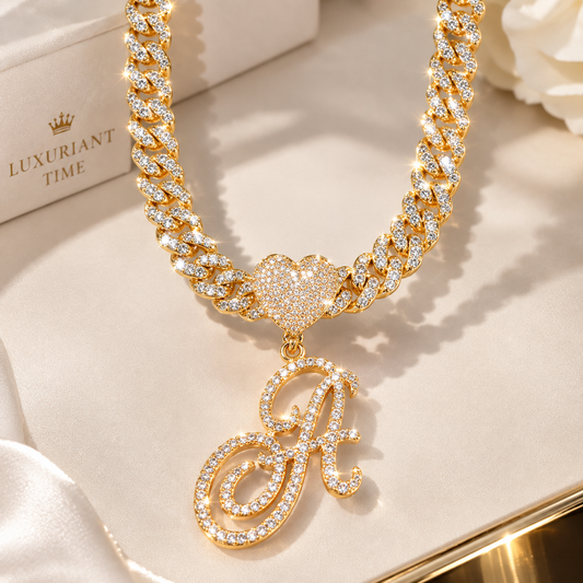 CUBAN LINK CHAIN WITH HEART CURSIVE INITIAL