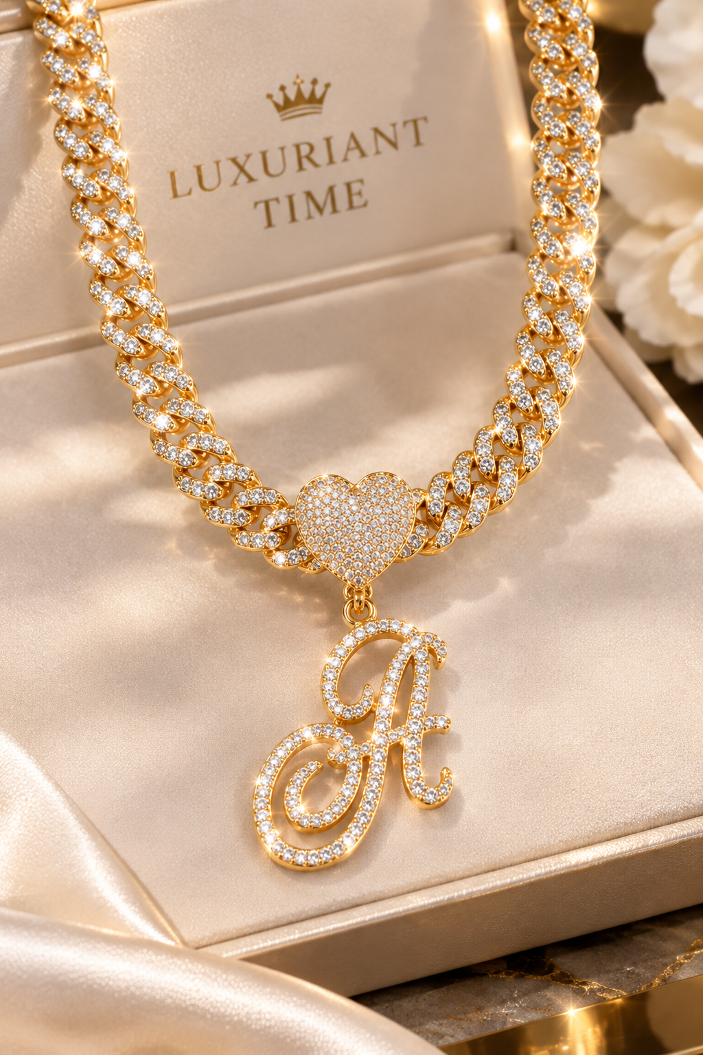 CUBAN LINK CHAIN WITH HEART CURSIVE INITIAL