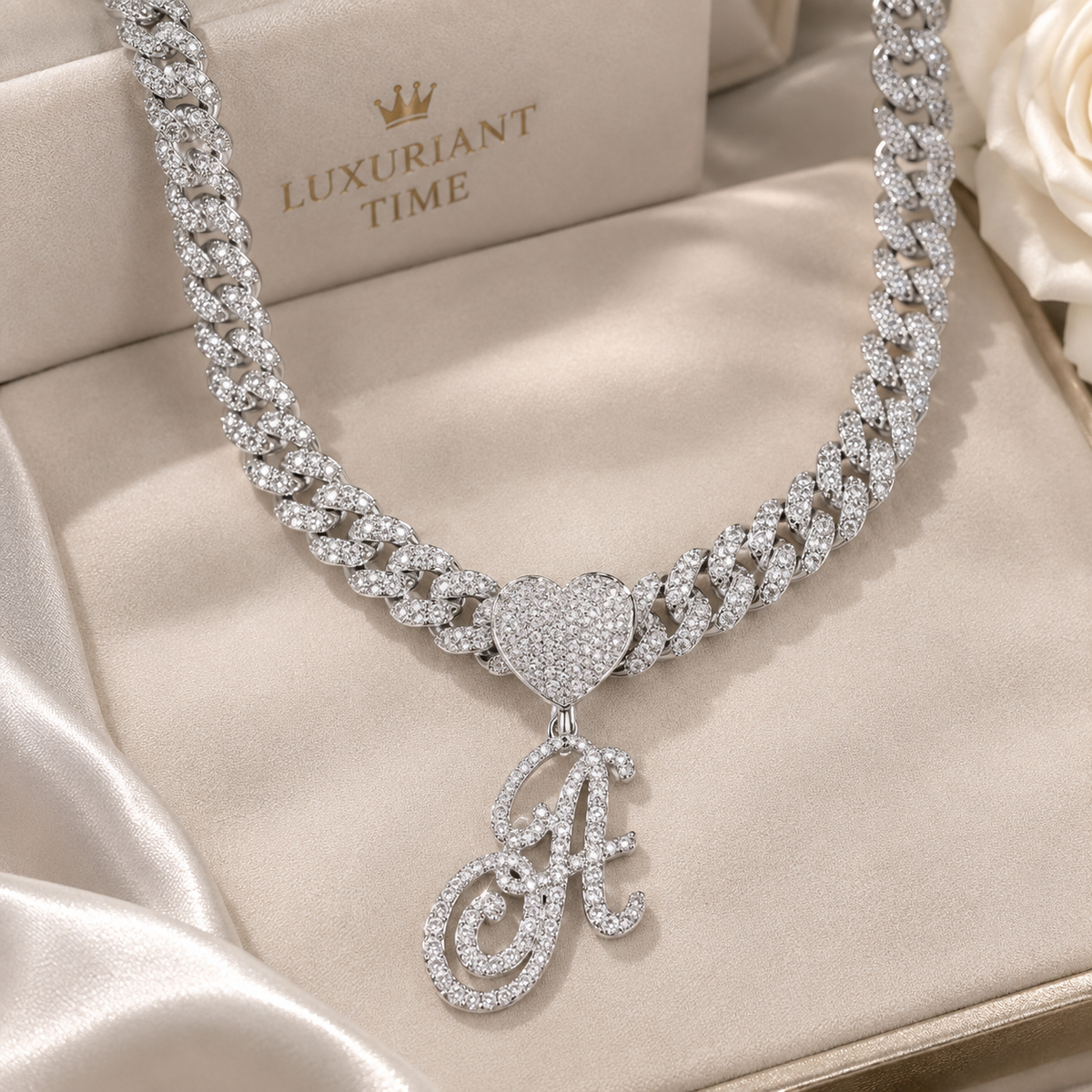 CUBAN LINK CHAIN WITH HEART CURSIVE INITIAL
