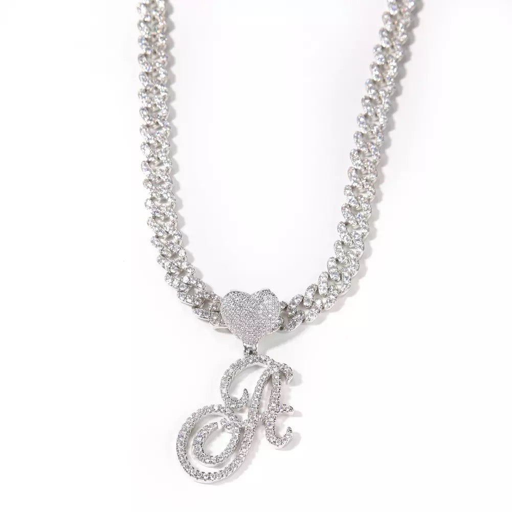 CUBAN LINK CHAIN WITH HEART CURSIVE INITIAL